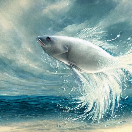 a large white - blue aquatic animal jumping out of the water, a digital rendering by maki haku, trending on deviantart, rayonism, hyper - realistic, photorealistic, hyper realism. 