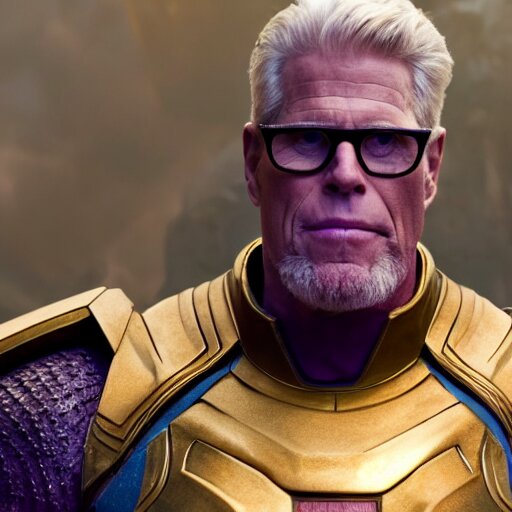 Ted Danson, Wearing Glasses and Thanos Armor, HD 4K Photo, Cinematic Lighting. give him a mustache