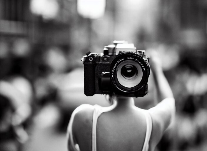 a 2 8 mm macro photo from the back of a woman watching a parade, splash art, movie still, bokeh, canon 5 0 mm, cinematic lighting, dramatic, film, photography, golden hour, depth of field, award - winning, anamorphic lens flare, 8 k, hyper detailed, 3 5 mm film grain. Turn the woman black and add some film grain.