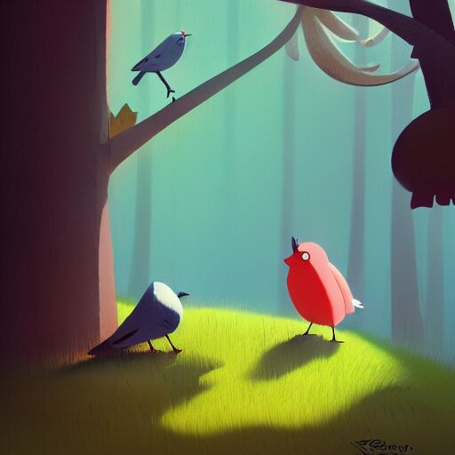 a storybook illustration by goro fujita! a bird in a forest, highly detailed, sharp focus, artstation. Add several more birds in the background to complete the scene.