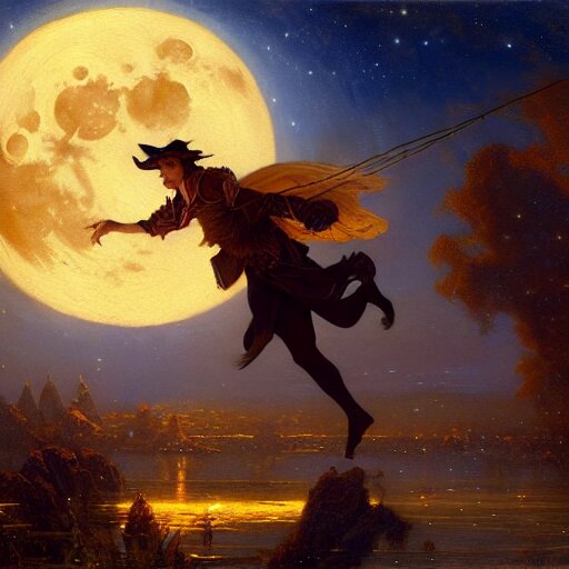 attractive male witch magically flying trough the night, fantasy, full moon in background. highly detailed painting by gaston bussiere, craig mullins, j. c. leyendecker 8 k 