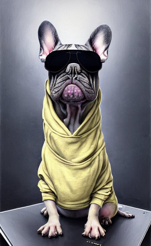 detailed portrait of a french bulldog with a hoodie typing on his laptop at night wearing sunglasses, volumetric light, shallow depth by ismail inceoglu dragan bibin hans thoma greg rutkowski alexandros pyromallis nekro rene maritte illustrated, perfect face, fine details, realistic shaded, fine - face, direct glaze 