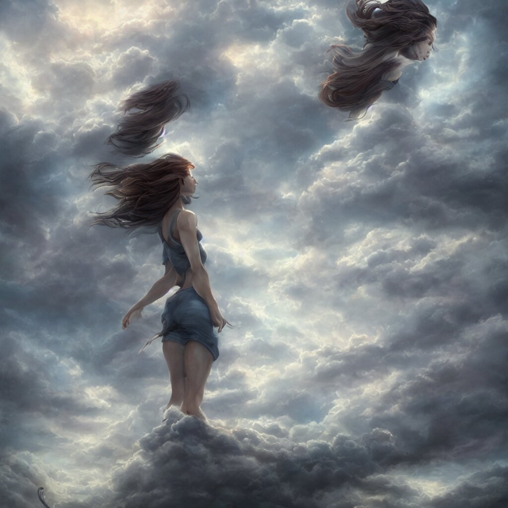 lost soul in the clouds, epic shot, very detailed, clear, dawn, by artgerm, julie bell, beeple and Greg Rutkowski, airbrush, fantasy, 90s, Smooth gradients, octane render, 8k, High contrast, depth of field, very coherent artwork
