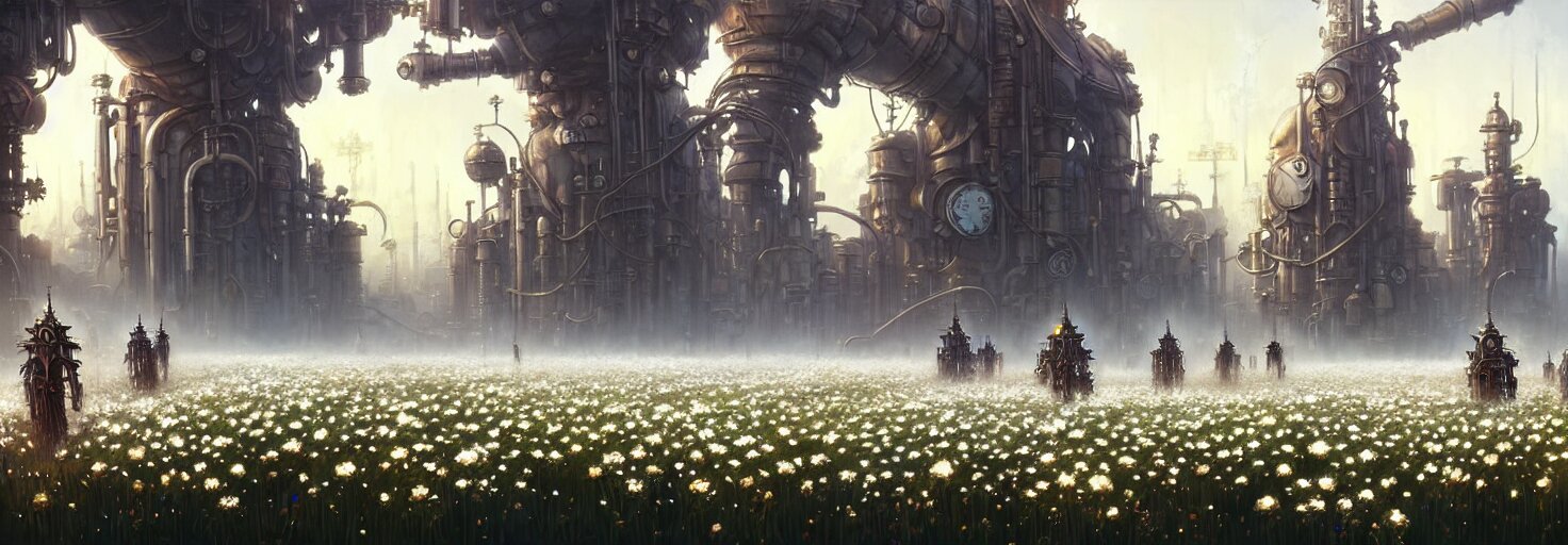 steampunk cybercity in a field of white flowers, godrays, cinematic, poster art by james gurney jesper ejsing, ilya kuvshinov, greg rutkowski frank frazzeta on artstation 