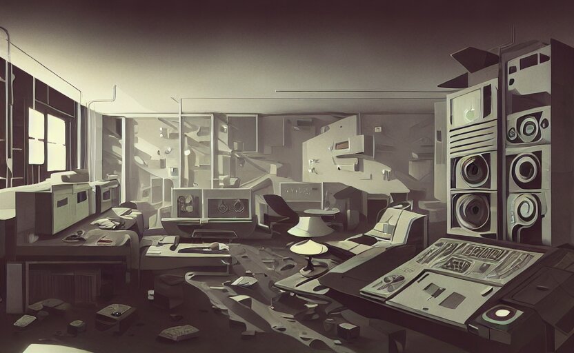 Interior shot of a futuristic brutalist studio apartment with computers by Petros Afshar and Beeple, James Gilleard, Mark Ryden, Wolfgang Lettl highly detailed