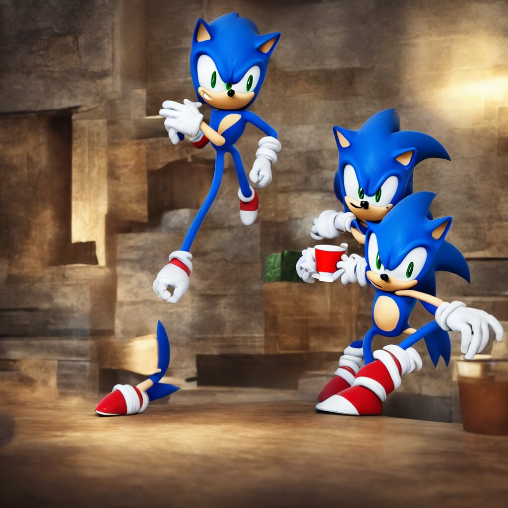 Sonic having a cup of tea at starbucks. Interesting composition, 2d render. Trending on artstation, medium shot, indoors with harsher light. Sonic having a cup of tea at starbucks. Beautiful composition, 2d render. Trending on artstation, medium shot, indoor with harsher light