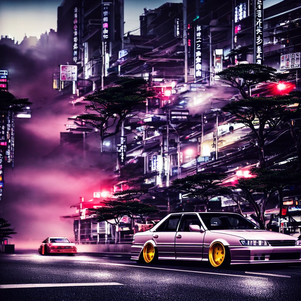 Japanese car JZX100 twin turbo drift in the road, Tokyo prefecture, Japanese architecture, city sunset mist lights, cinematic lighting, photorealistic, detailed alloy wheels, highly detailed, studio photo. change the the car...