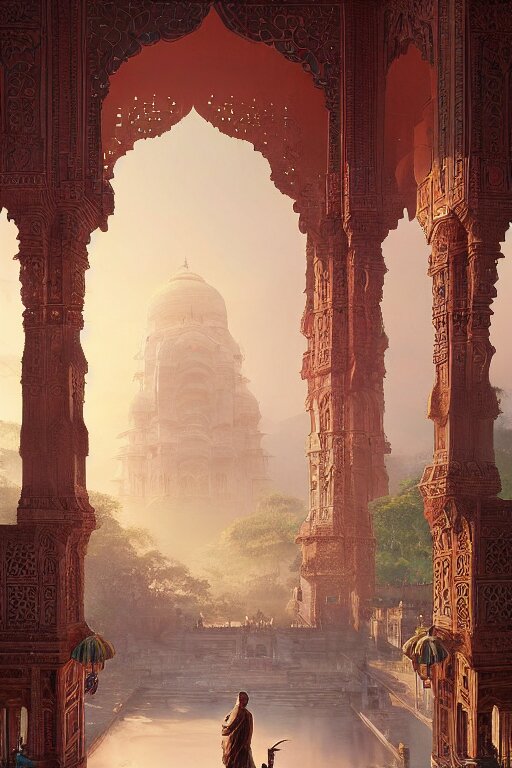 old indian city with a breathtaking view of a magnificent maharajah palace at pink dawn, intricate, elegant, volumetric lighting, digital painting, highly detailed, artstation, sharp focus, illustration, concept art, ruan jia, steve mccurry