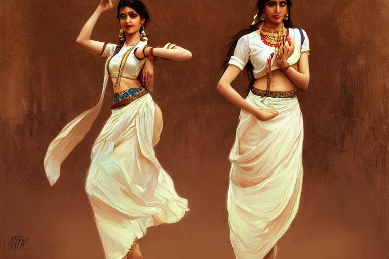 Beautiful pale young Indian doctor wearing a skirt dancing in Texas, portrait, elegant, intricate, digital painting, artstation, concept art, smooth, sharp focus, illustration, art by artgerm and greg rutkowski and alphonse mucha. darken skin, make it sepia