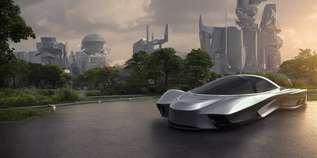 highly detailed futuristic car, on the background urban futuristic architecture by Le Corbusier, reflective lighting, empty streetscapes, surrounded by lush green vegetation, ground-level view, puddles of water, stunning volumetric lighting, sunset, trending on Artstation, 8k, photorealistic, ray tracing, hyper detailed, unreal engine 5, cinematic, epic lighting, cryengine, octane render, cyberpunk, red and orange glow, vibrant