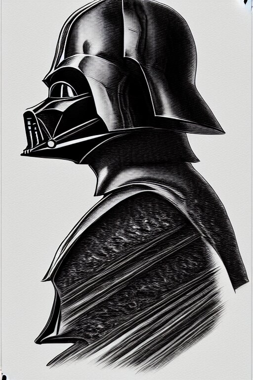 Sideview waist up portrait of darth vader by laurie greasley and rene magritte, etching by gustave dore, intricate, sharp focus, illustration, highly detailed, digital painting, concept art, masterpiece