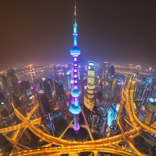 a girl flying upon the "shanghai lujiazui" in the night, with a flock of birds in the background, cityscape, rain,