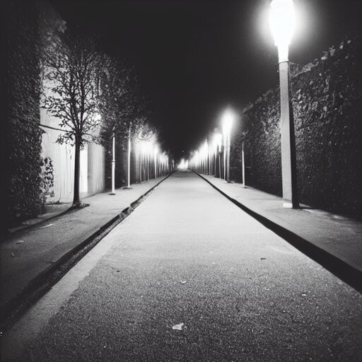 Beautiful cameraphone, soft liminal Photograph of estate road, hedge night, streetlight.