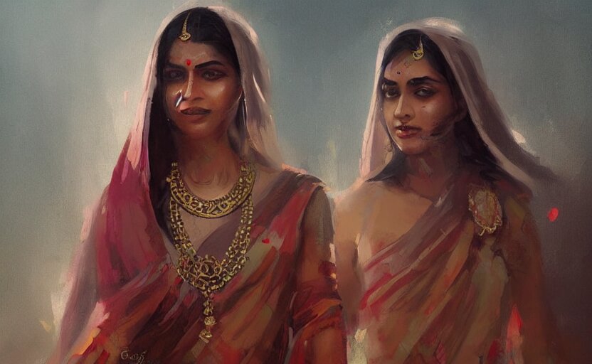 portrait painting of  indian royal couple ultra realistic, concept art, intricate details, eerie, highly detailed, photorealistic, octane render, 8 k, unreal engine. 
