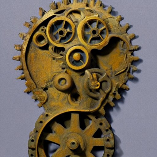 a martian artifact in a museum, bronze, old, alien, verdigris, mechanical, gears 
