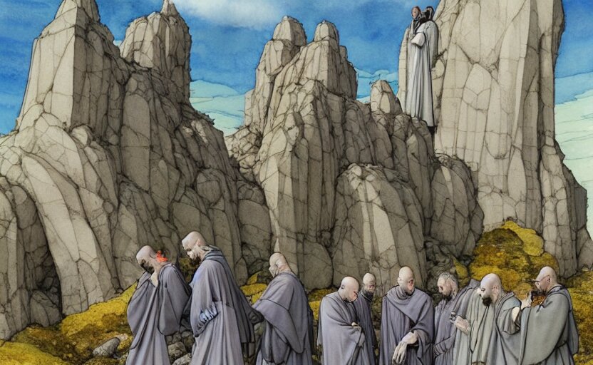 a hyperrealist watercolour concept art of a group of medieval monks in grey robes pointing up at a large stone monument floating in the sky. by rebecca guay, michael kaluta, charles vess and jean moebius giraud. high detail, hq, wide shot 