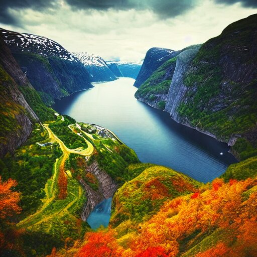 a beautiful and vivid image of the Geirangerfjord, digital art, trending on Artstation, vibrant