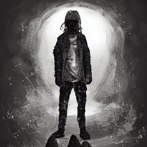detailed half body digital art for a game of a person wearing ragged and ruined clothes merged with mushrooms. the background is pure black with a little bit of glow behind the character 