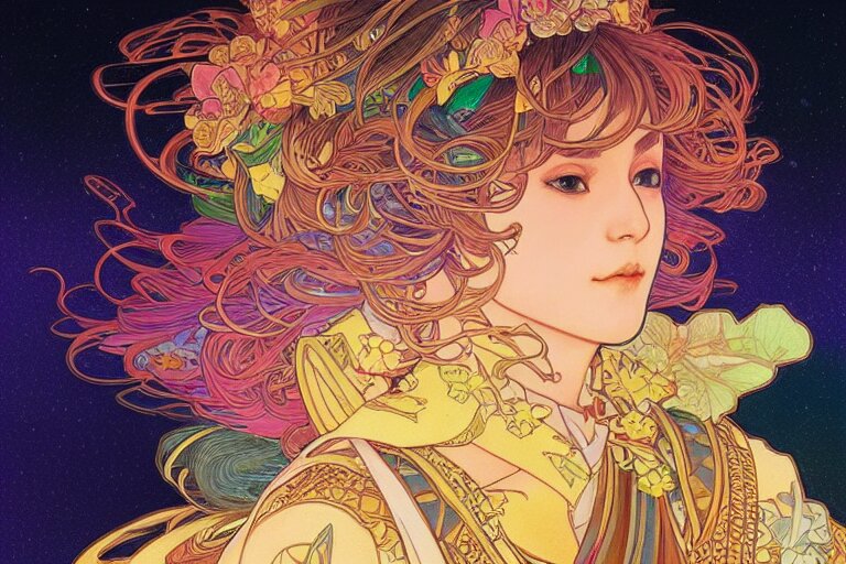 colorful prince, night, japan, 4 k, ultra realistic, beautiful colors, epic lighting, machines, high detail, masterpiece, trending on artstation by artgerm and akihito tsukushi and alphonse mucha, crayons 