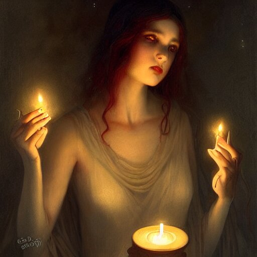 pale young ghost girl, dark hair, by tom bagshaw, by gaston bussiere, candlelight 
