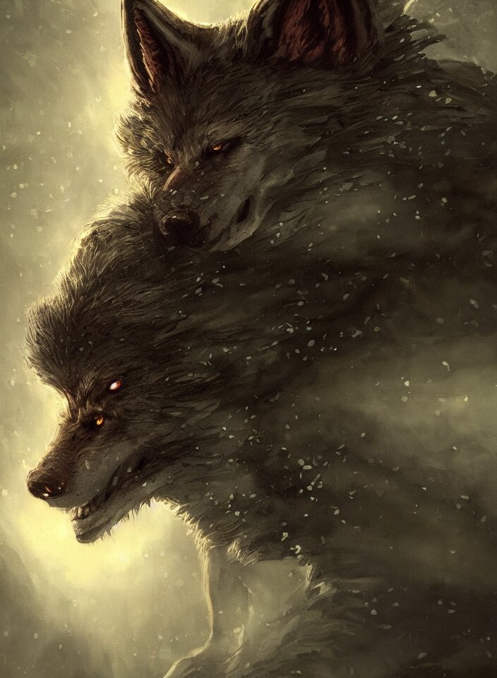 A face portrait of a werewolf guarding the temperate forests from Skyrim, fantasy setting, dark environment, serene colors, soft lighting, atmospheric, cinematic, moody, in the style of Diego Koi, Gina Heyer, Luiz Escanuela, Art by Alyssa Monk, Hyperrealism, Rule of Thirds, Golden Ratio, Oil on Canvas. Add a dark silhouette of a tree in the background.