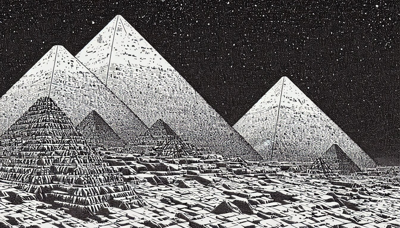 pyramids of giza by woodblock print, nicolas delort, moebius, victo ngai, josan gonzalez, kilian eng 