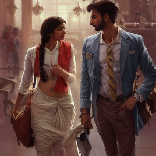 Anxious good looking pale young Indian doctors wearing American clothes at the airport, portrait, elegant, intricate, digital painting, artstation, concept art, smooth, sharp focus, illustration, art by artgerm and greg rutkowski and alphonse mucha