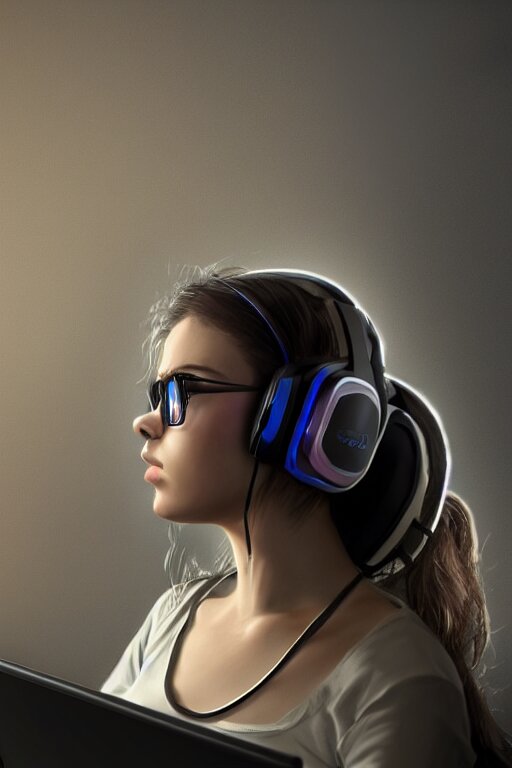 gamer girl playing a game on her computer, portrait shot of her face lit up by the monitor, wearing gaming headset, hyperrealistic, trending on artstation, intricate detail, bright atmosphere, dynamic lighting. 3d songs