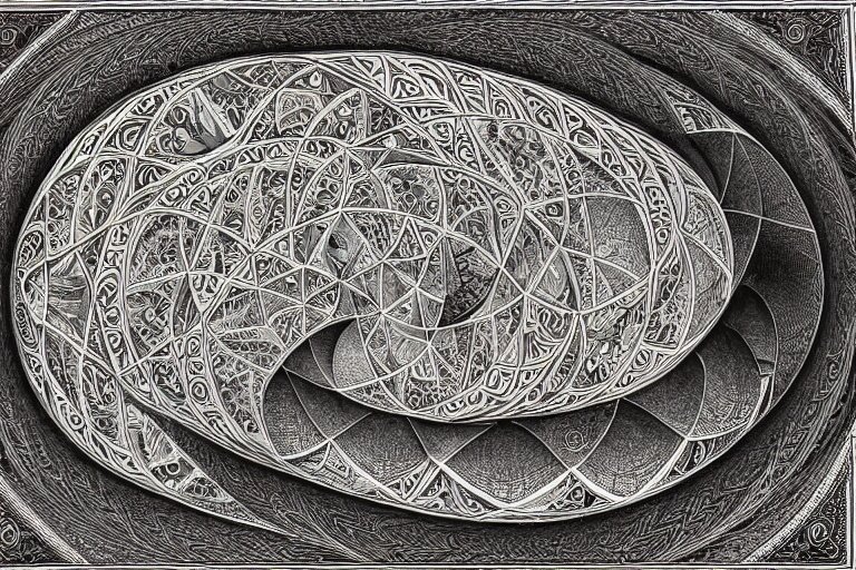 an ornate illustration in the styles of mandalas and fractals, the styles of escher and penrose, depicting a weasel staring deep into the heart of the impossible all - and - nothing of the emerging technological singularity ; / what has god wrought? / he seems to be whispering. 