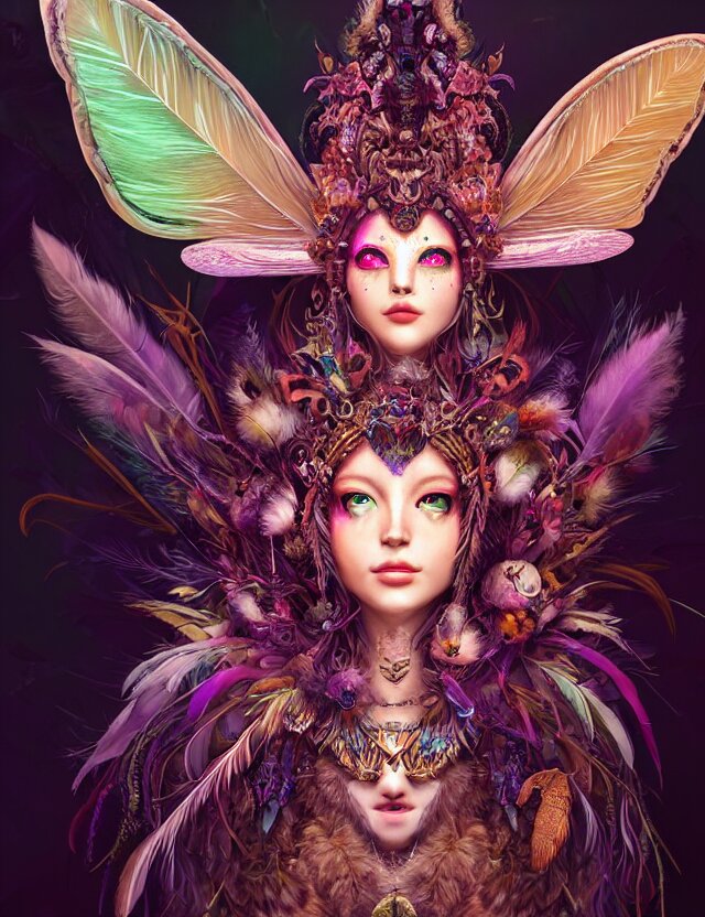 3 d goddess wide angle portrait with feathers, fur, and bones. beautiful intricately detailed avante garde wolf mask and retrowave sorceress outfit. vibrant butterflies, bio luminescent, mycelium, mushrooms, plasma, creature, artwork by tooth wu and android jones wlop and android jones and beeple and greg rutkowski 