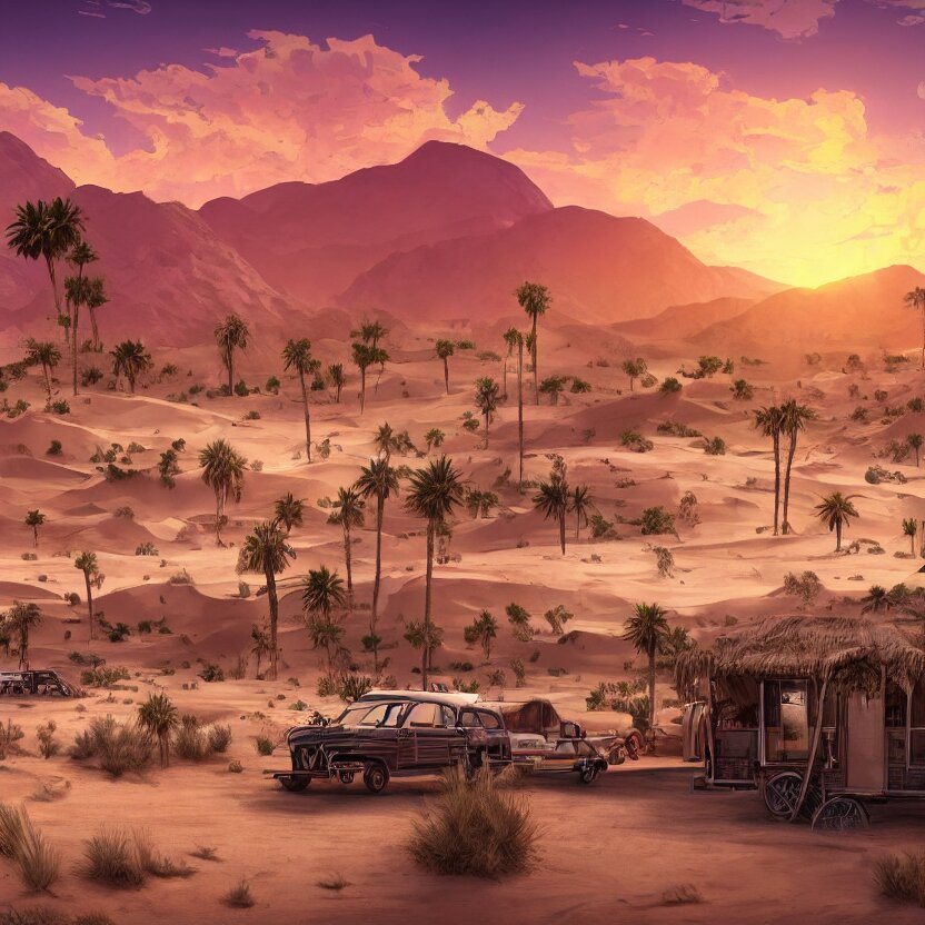 Ancient Desert Town, Palm Trees, Caravan, Sand Dunes, Sunset, Clouds, Dark Colors!, Mountains, Beautiful Lighting, Vivid Colors, Intricate, Elegant, Smooth, Sharp Focus, Highly Detailed Digital Painting, Concept Art, Cinematic, Unreal Engine, 4K Wallpaper, Svetlin Velinov, Tarmo Juhola. rather than a desert town, imagine it's a lush rainforest, with palm trees, a caravan, sand dunes and mountains in the background. The colors