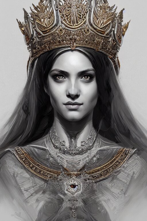 highly detailed portrait of an elegant goddess, ornate crown, beautiful symmetrical face, digital painting, artstation, concept art, smooth, clear focus, illustration, greg rutkowski, artgerm, global lighting, detailed and fantasy