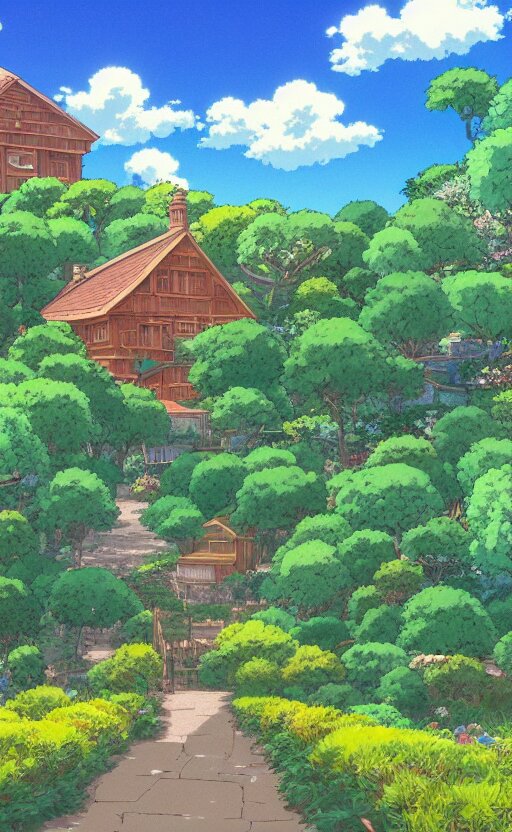 anime screenshot wide-shot landscape with house in the apple garden, beautiful ambiance, golden hour, studio ghibli style, by hayao miyazaki, sharp focus, highly detailed,