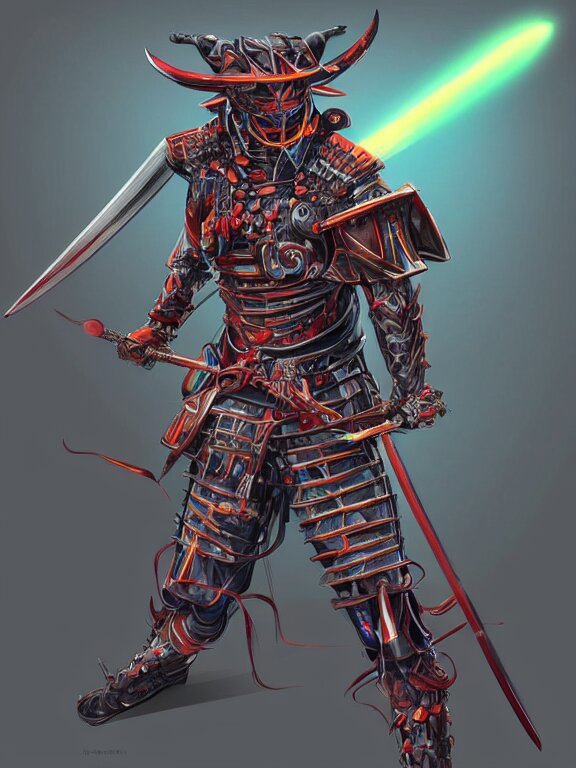 full body front view portrait of neon ninja samurai, character design, correct anatomy, concept art, digital illustration, ray tracing, ultra detailed, fantasy, neon lighting, intricate and highly detailed, coloured with lots of colour, pose, fantasy, sharp focus. make the ninja's armour red and yellow