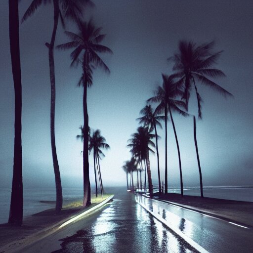 Dimly Lit Road at Night After a Rainy Day That Leads to a Cozy Beach Surrounded by Palm Trees Shot from the Sky – Desaturated, Photorealistic, Beautiful, Sharp, Highly Detailed, and Artstation - Pixvy. soft waves coming and going