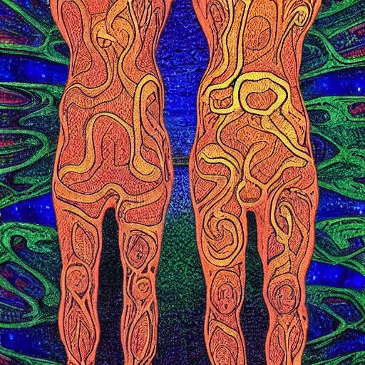dmt bodies. Mesh of human figures intertwined. earthen colors.