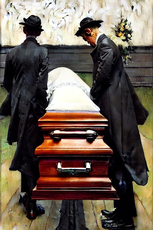 a sad man mourning over a casket by sydney prior hall and alfred stevens and sherree valentine daines and norman rockwell, casket, grey cloth, highly detailed, deep shadows, accurate face, hyperrealism