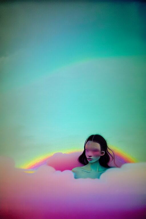 high quality surreal pastel colored film close up wide angle photograph of a model wearing clothing swimming on cloud furniture in a dreamlike Icelandic black rock environment. three point light, rainbow. photographic production. art directed. pastel colors. volumetric clouds. pastel gradient overlay. waves glitch artefacts. extreme facial clarity. 8 k. filmic. Change the colors to something more surreal and dreamlike.