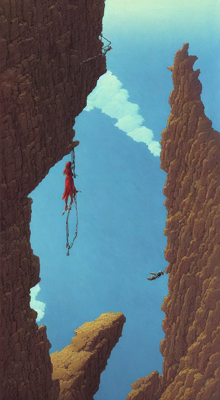 a detailed painting of a single woman hanging from the side of a cliff overlooking the end of the world by Studio Ghibli trending on ArtStation Beksinski, Greg Hildebrandt, 8k highly detailed ❤️🔥 🔥 💀 🤖 🚀 