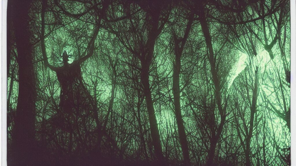 4 k rhizomatic computer vision!!!! an insect forest god, his insectile head materialising from the canopy ; corporeal chitinous flesh spun solid from beam and vapour. he manifests in moonlight, slipping through arched branches, night time photography mystical glitch polachrome 3 5 mm instant film 