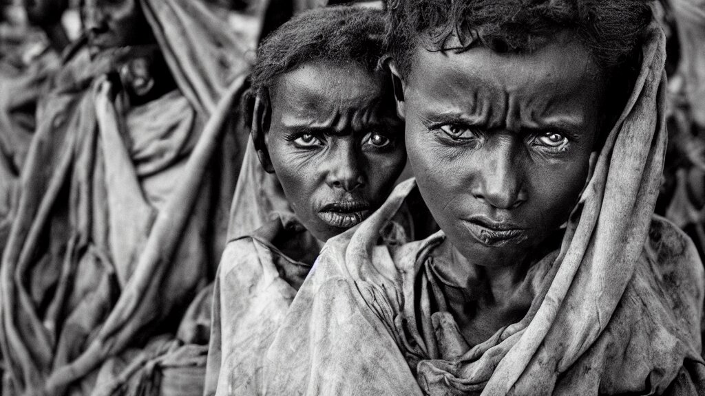 1984 Ethiopian biblical famine and drought, moody, dark, portrait picture, movie scene, hd, 4k, wide shot