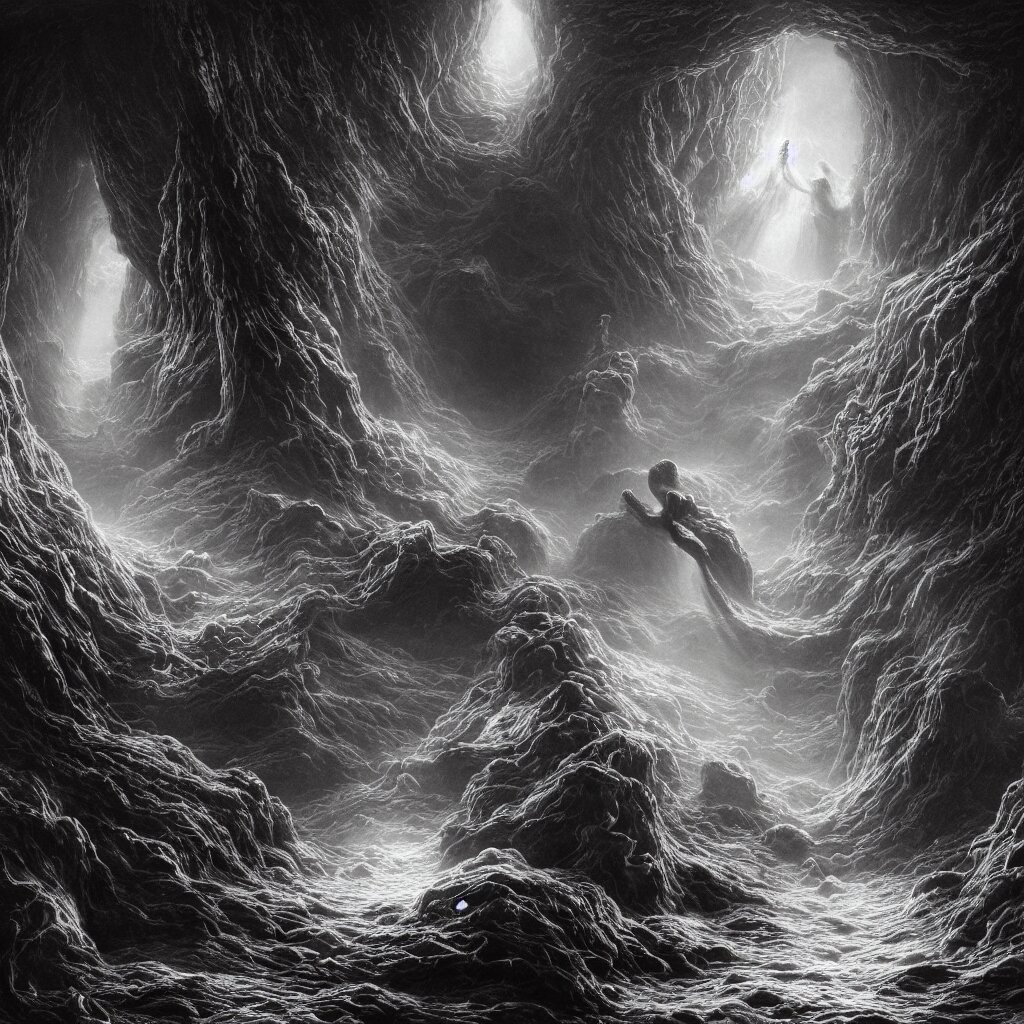 symbolism, chaos , consciousness, illusion , beautiful, organism, divine, static, fluid , breathe, void , abyss , cinematic lighting , cinematic mood, very detailed, 8k, high resolution, photorealism, wide angle, cinematic atmosphere, elaborate, highly detailed, ornate, shiny, dramatic lighting, realistic,octane render, by Gustave Doré, by Millais
