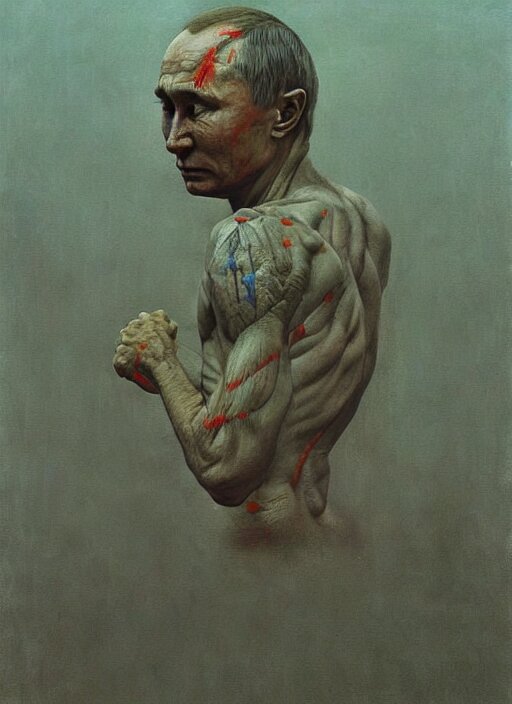 Painting in a style of Beksinski featuring Vladimir Putin. Putin's face should become more comedic and pain should be reduced. Putin's face should become more comedic and suffering should be reduced.