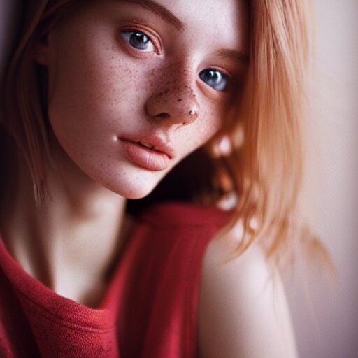 portrait of a cute thin young woman, red blush, light freckles, soft smile, casual clothes, relaxing on the couch, home interior, golden hour, close up shot, 8 k, art by irakli nadar, hyperrealism, hyperdetailed, ultra realistic