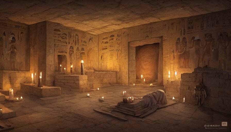 A highly detailed matte painting of interior of ancient Egyptian tomb, candle lights, cobwebs, mummy, dark, by Studio Ghibli, Makoto Shinkai, by Artgerm, by WLOP, by Greg Rutkowski, volumetric lighting, octane render, 4K resolution, trending on artstation, masterpiece