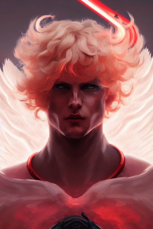 digital art of a pale menacing male Cyborg Angel of War with fluffy blond curls of hair and piercing red and black eyes, central composition, he commands the fiery power of resonance and wrath, by WLOP, Artstation, CGsociety