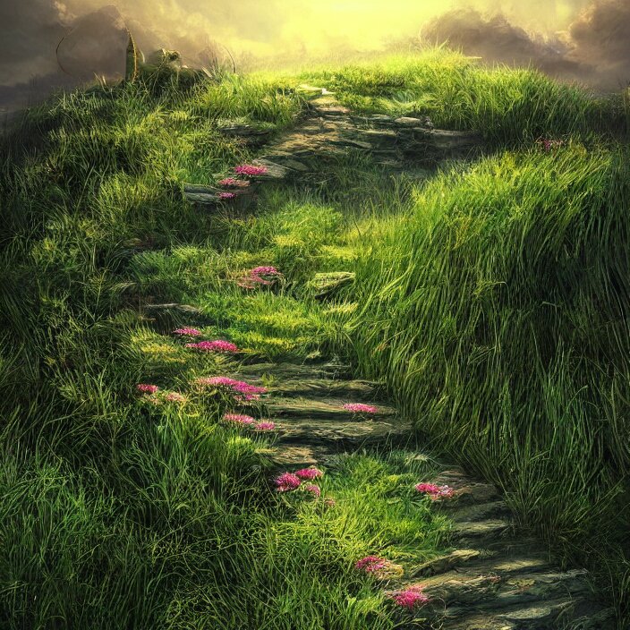 a flowery grassy fantasy unreal staircase to heaven, dramatic, lighting, rim light, artstation, digital art.