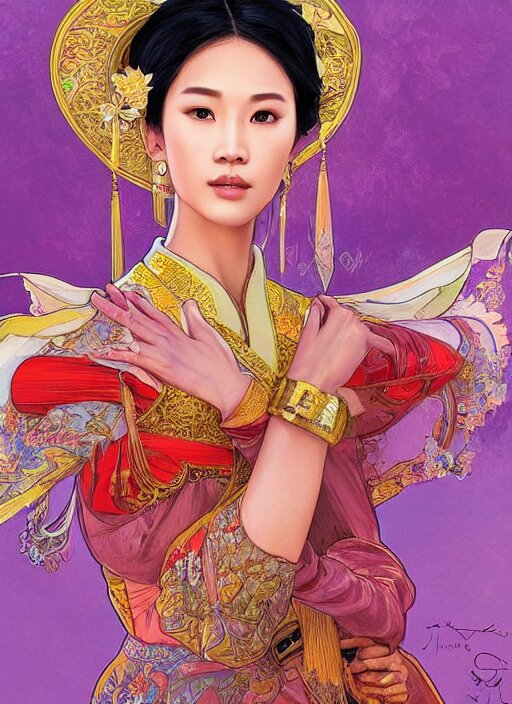 portrait of a thai supermodels wearing traditional costume, highly detailed, digital painting, artstation, concept art, sharp focus, illustration, art by kittichai rueangchaichan and james gurney and alphonse mucha