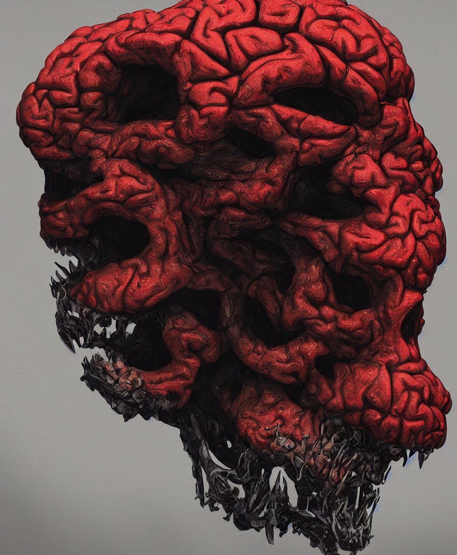 hyper realistic brain skull monster, art by greg rutkowski, intricate, ultra detailed, photorealistic, black and red colors, trending on artstation, octane render, 4 k, 8 k 