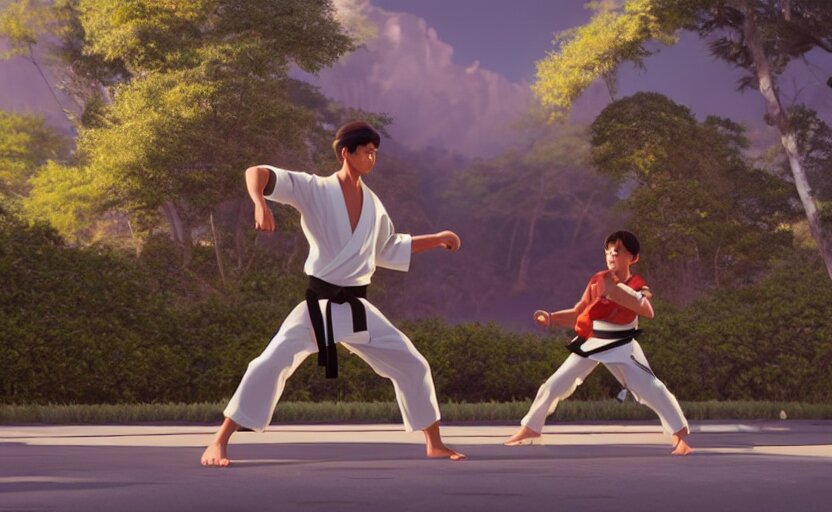 a film still of The Karate Kid, medium shot, waist up, studio Ghibli, Pixar and Disney animation, sharp, Rendered in Unreal Engine 5, anime key art by Greg Rutkowski, Bloom, dramatic lighting. make it a movie still from The Karate Kid